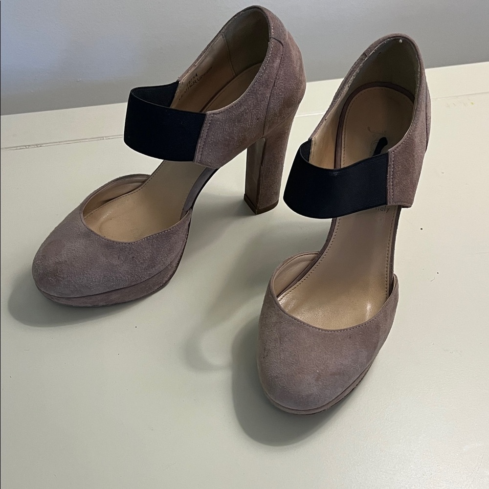 J. Crew Taupe Suede Heels with Black Strap